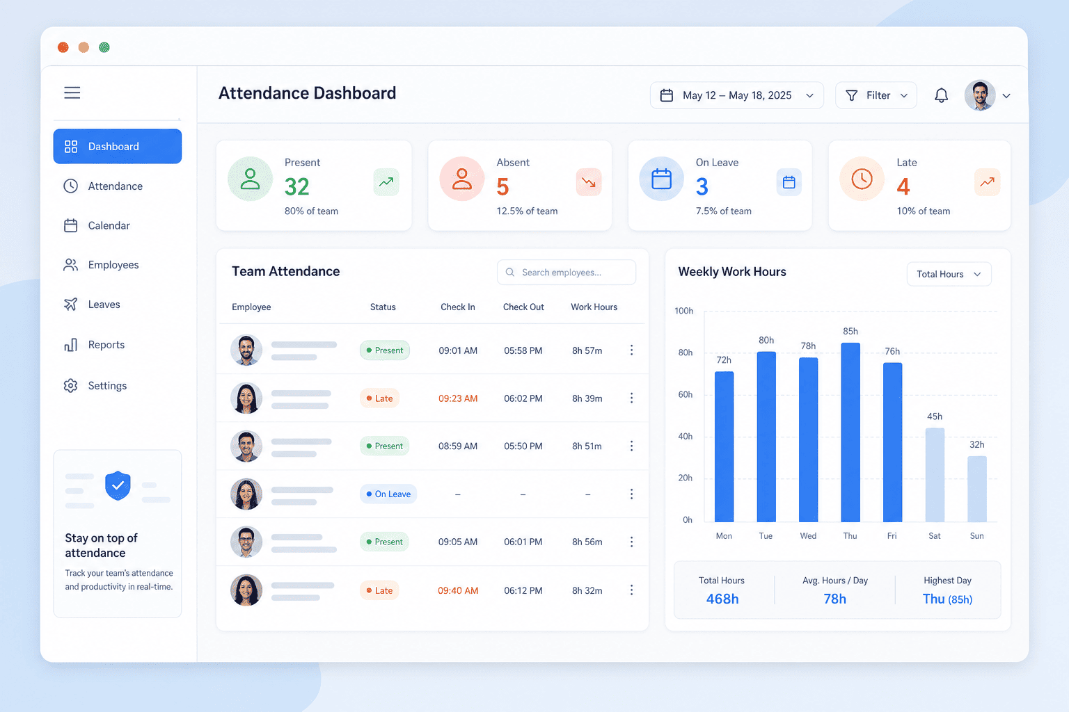Attendance dashboard with present, absent, on leave and late stats plus team attendance list