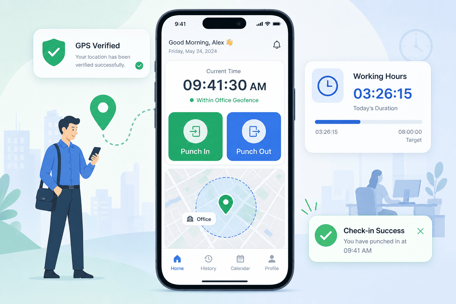 Mobile punch in and punch out with geo location and office geofence