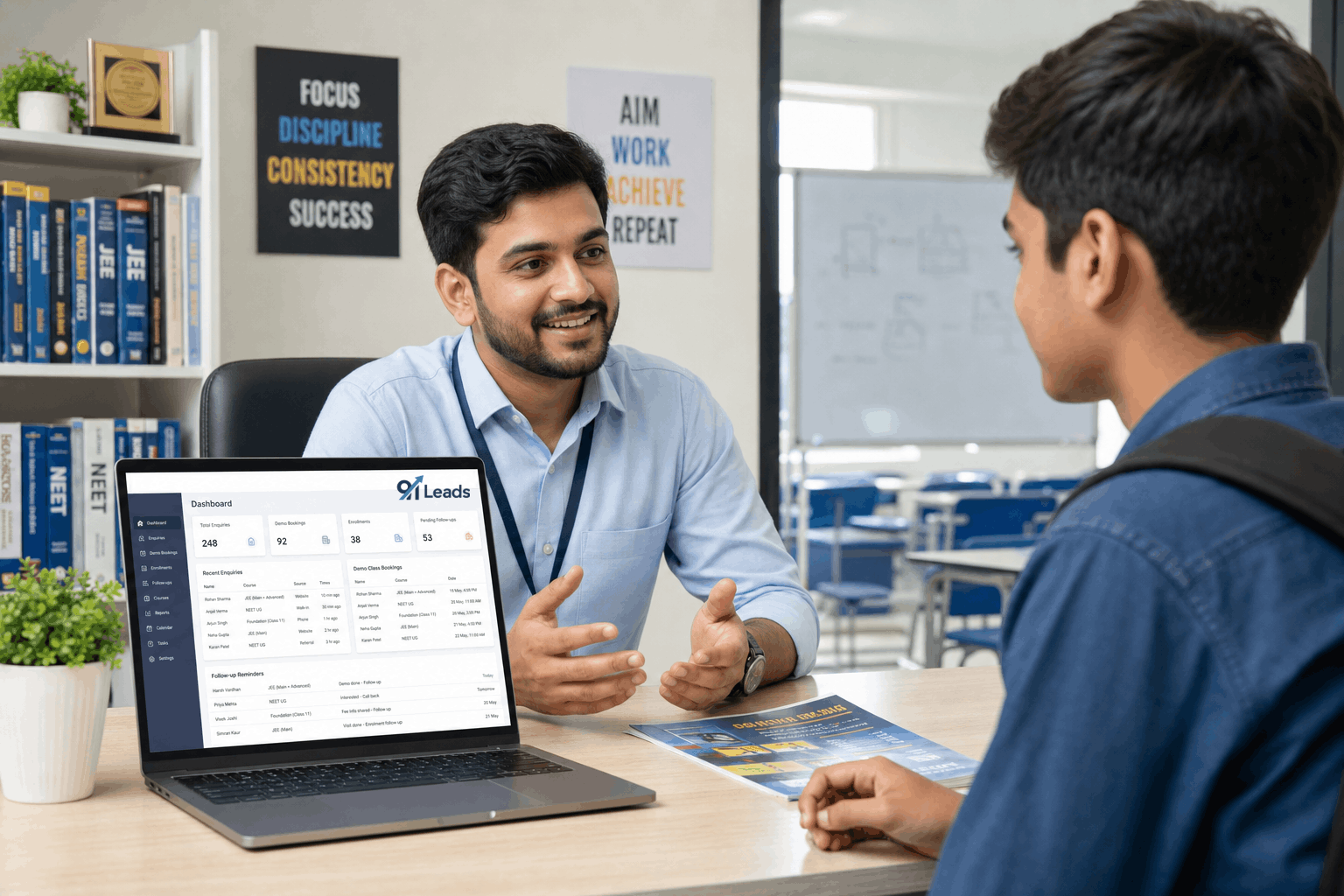 A coaching center counsellor managing course enquiries, demo bookings and batch enrolments with the 91Leads CRM