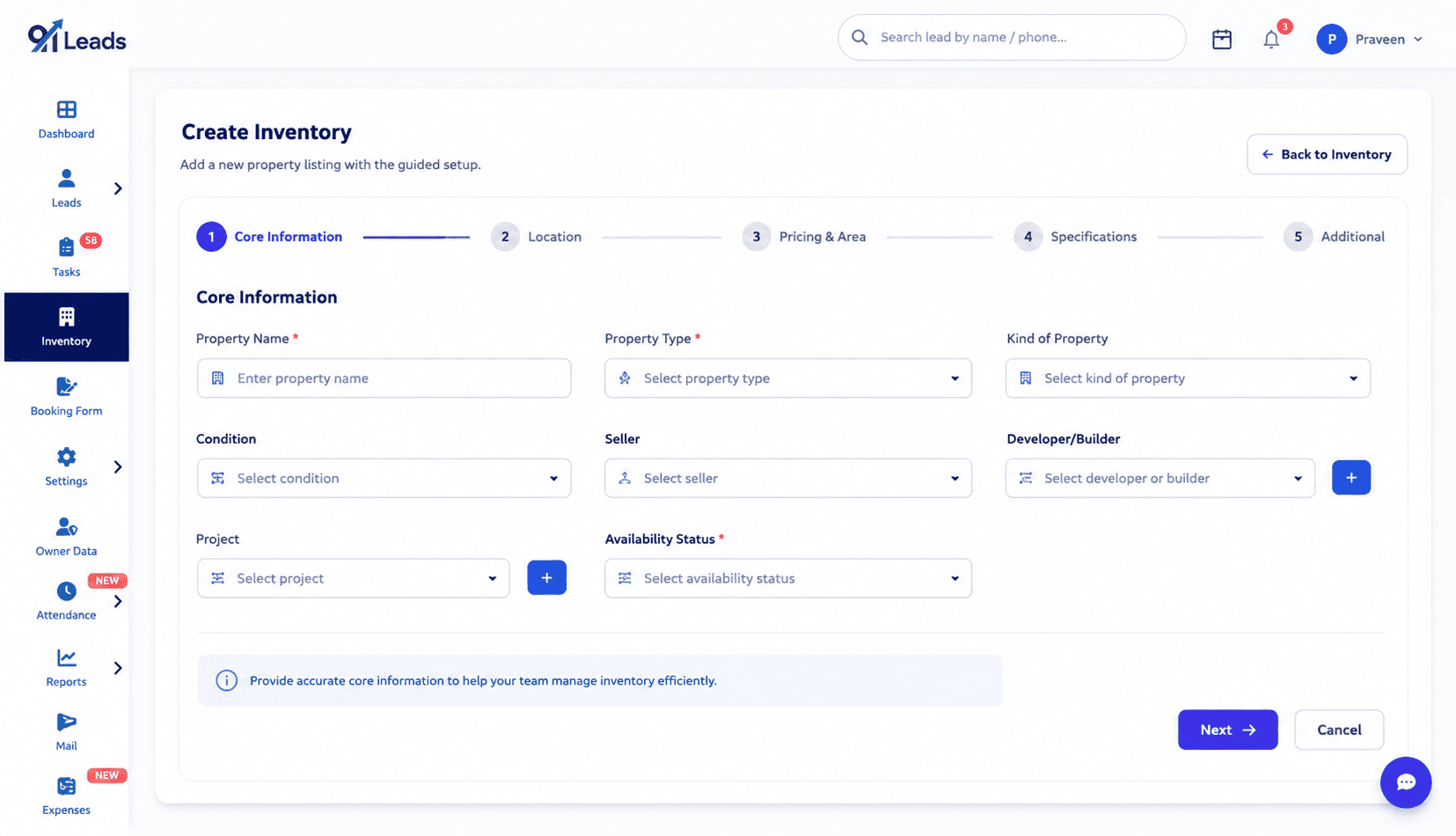 Create Inventory form in 91Leads CRM for adding property listings with details and photos