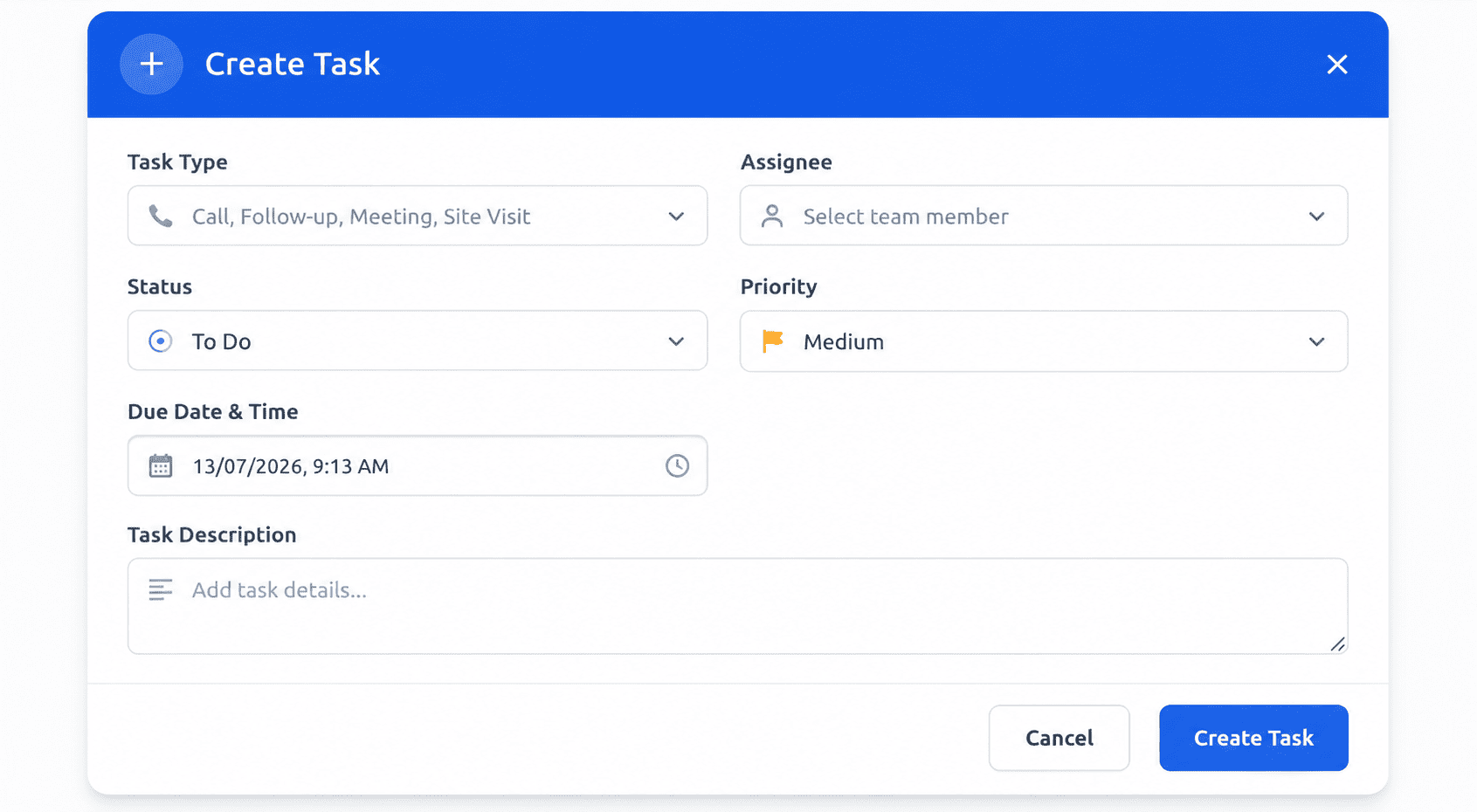 Create Task form in 91Leads CRM with task type, assignee, status, priority and due date