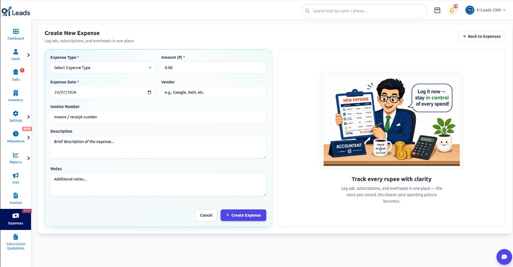 Create new expense form in 91Leads Expense Management Software with type, amount, date, vendor and invoice fields
