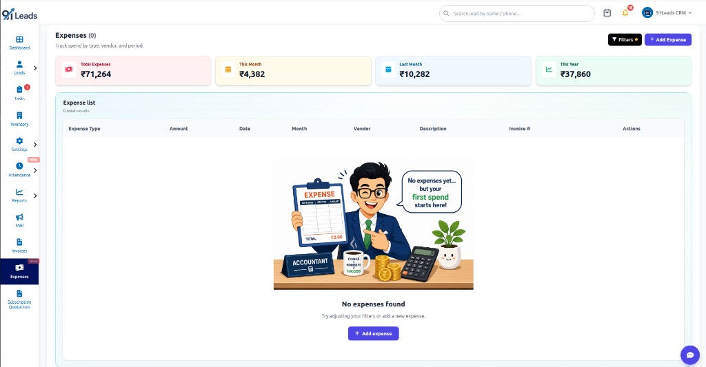 91Leads expense list empty state encouraging teams to add their first expense