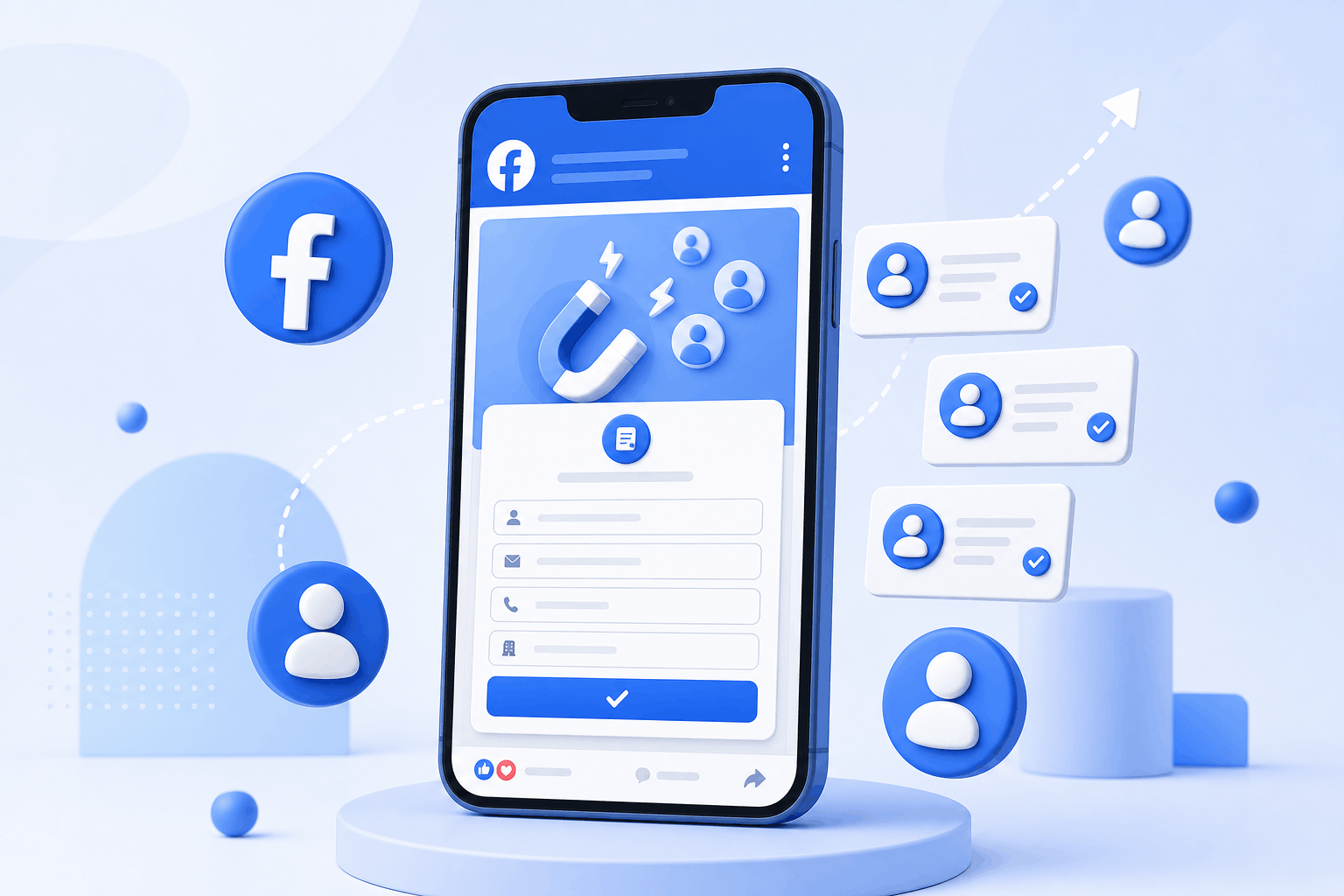A smartphone showing a Facebook lead ad form with incoming leads flowing into 91Leads CRM