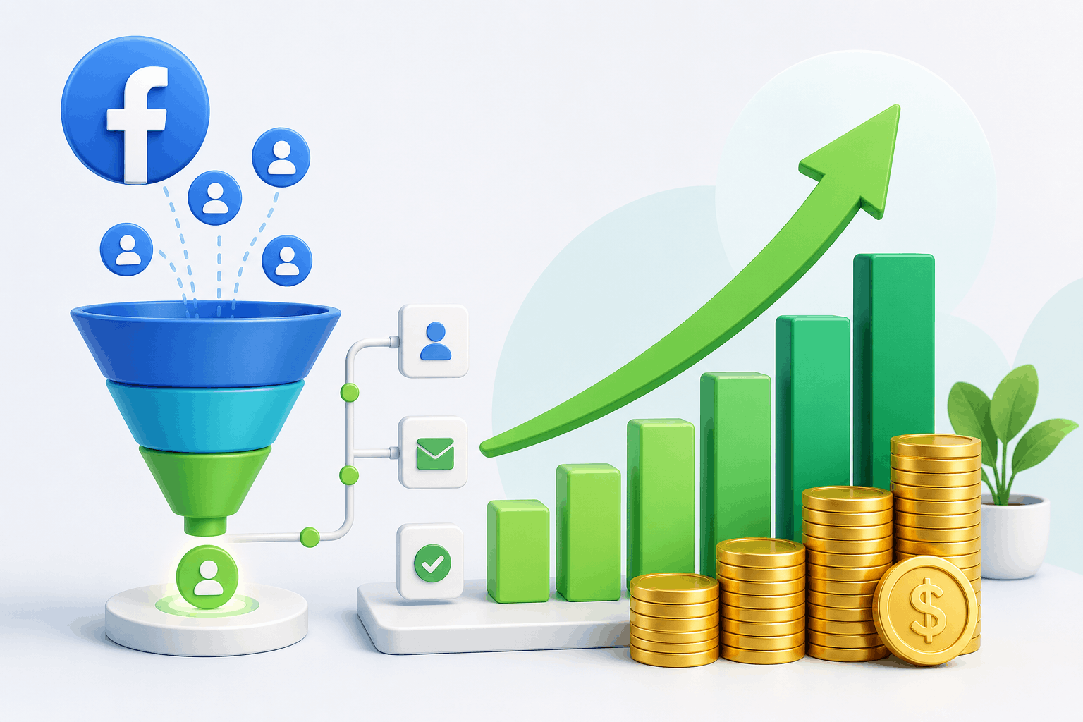 Facebook leads flowing through a conversion funnel into rising profit and revenue