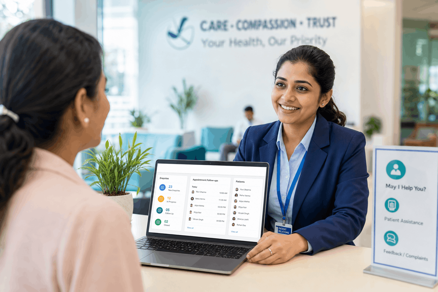 A hospital front-desk coordinator managing patient enquiries and follow-ups with the 91Leads CRM