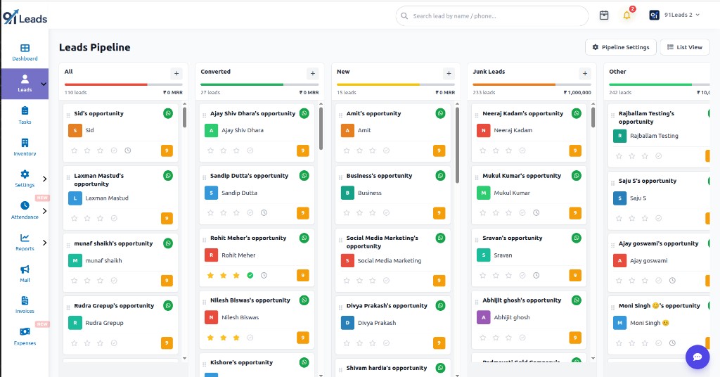 91Leads CRM leads pipeline board with stages and lead cards