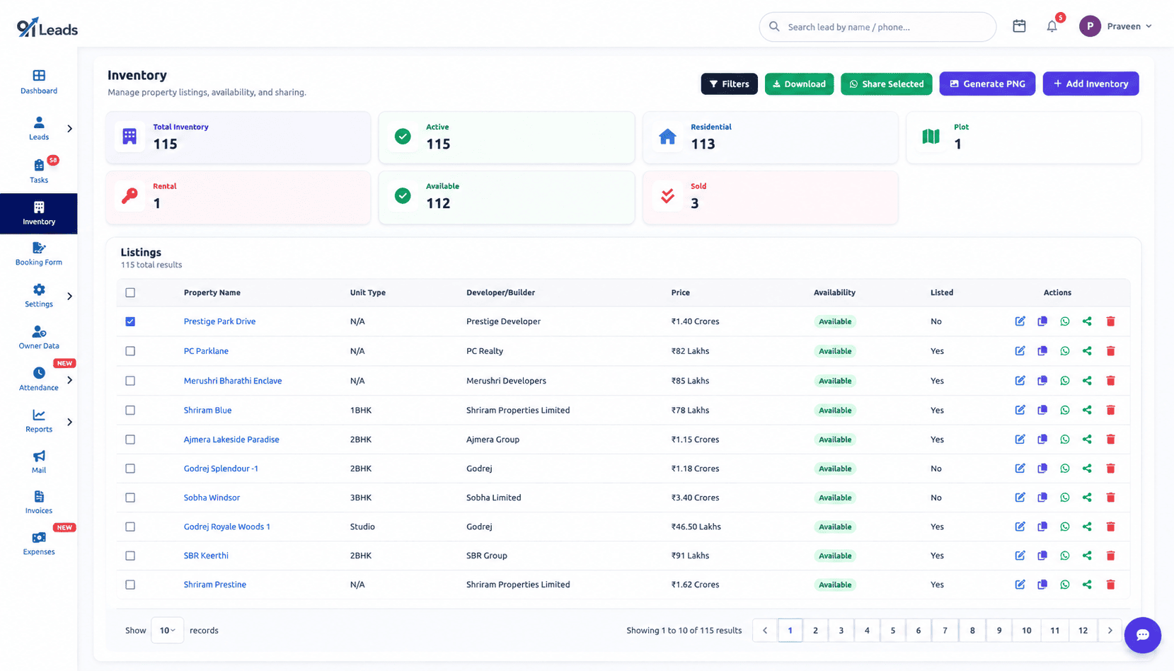 91Leads inventory management dashboard showing property listings, availability and filters