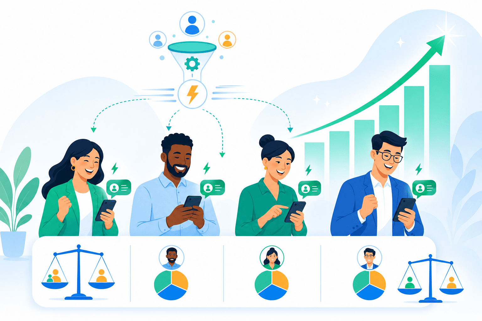 A sales team responding instantly to assigned leads while a profit chart rises