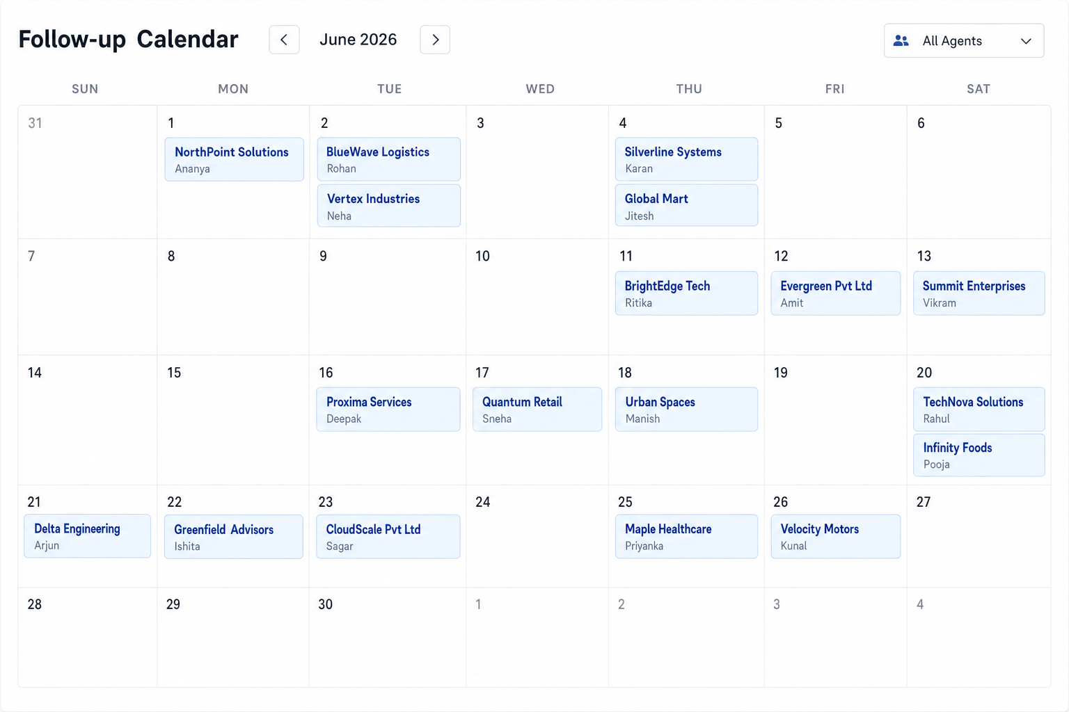 91Leads CRM follow-up calendar showing leads scheduled for follow-up by date
