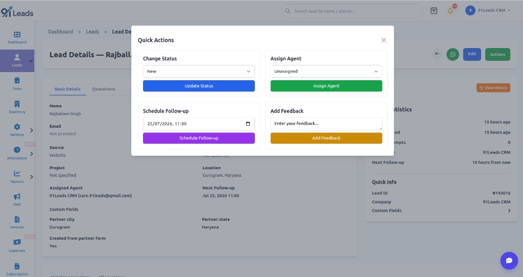 91Leads lead details quick actions to change status, assign agent, schedule follow-up and add feedback