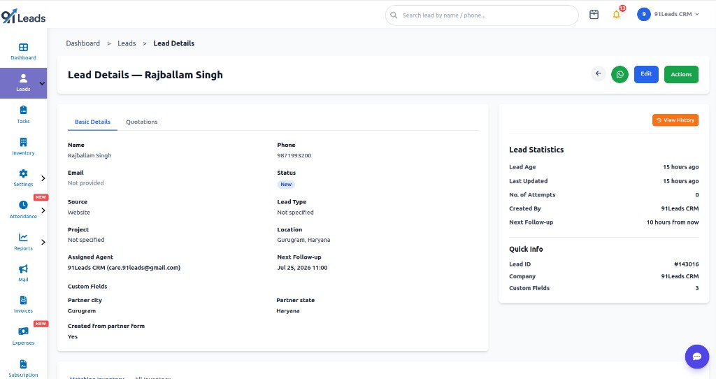 91Leads lead details page showing basic details, custom fields, statistics, quick info and View History