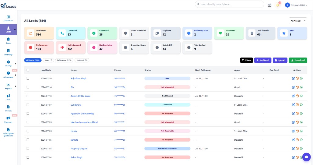91Leads Lead Management Software list view with status cards, filters, add lead, upload and download actions