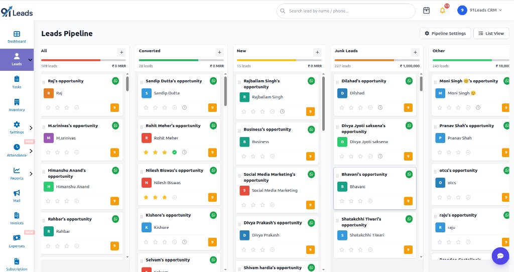 91Leads Leads Pipeline Kanban board with stages, lead cards, WhatsApp action and List View toggle