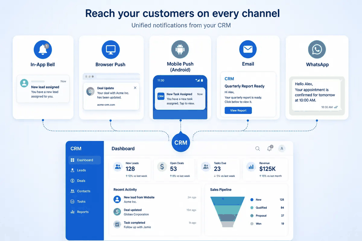 In-app, browser push, mobile push, email and WhatsApp notification channels in 91Leads CRM