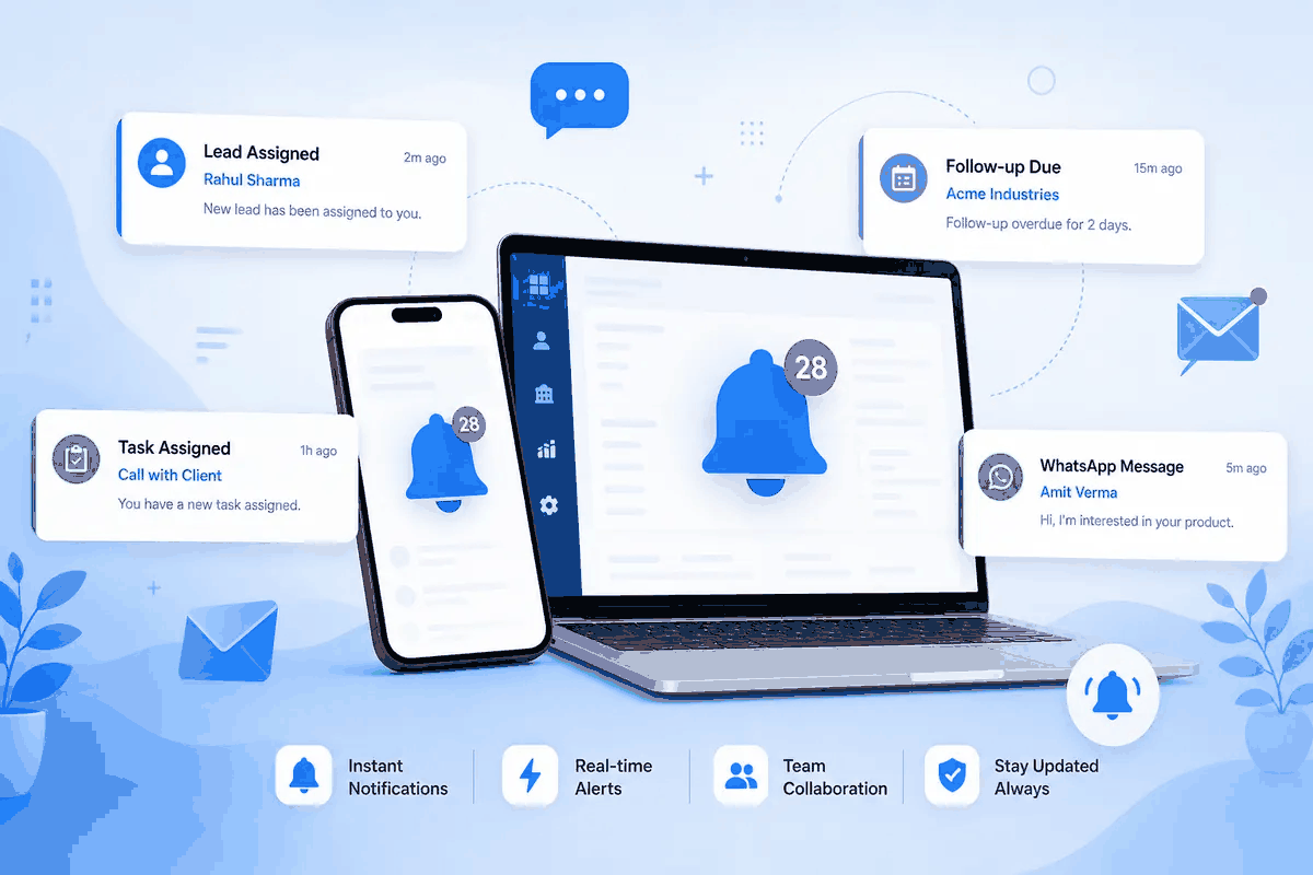 91Leads CRM notifications on desktop and mobile with lead assigned and follow-up alerts