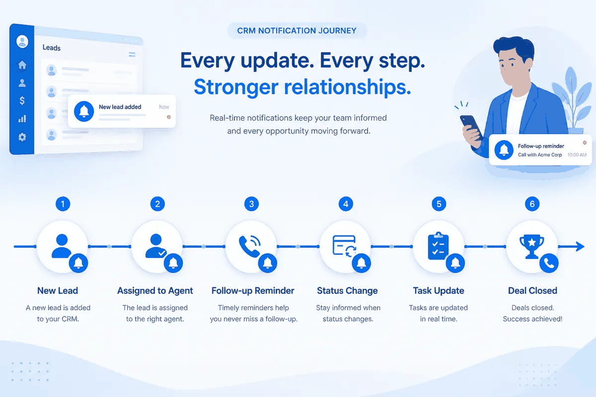Notification journey from new lead to assignment, follow-up, status change and task update