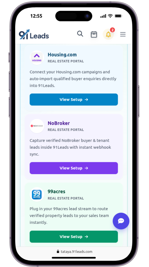 91Leads real estate CRM mobile view connecting Housing.com, NoBroker and 99acres lead portals