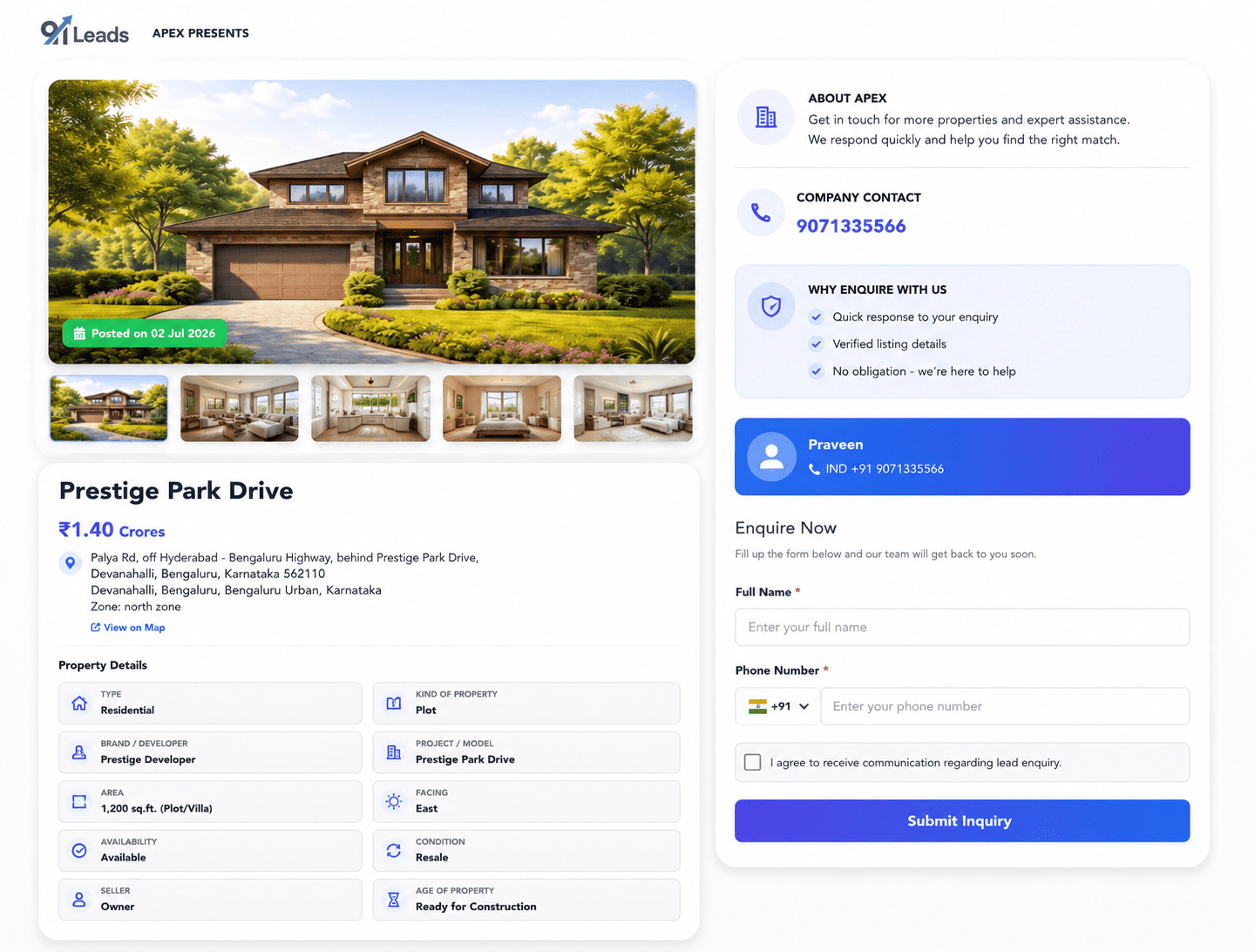 Public inventory share page in 91Leads with property details and enquiry form for buyers