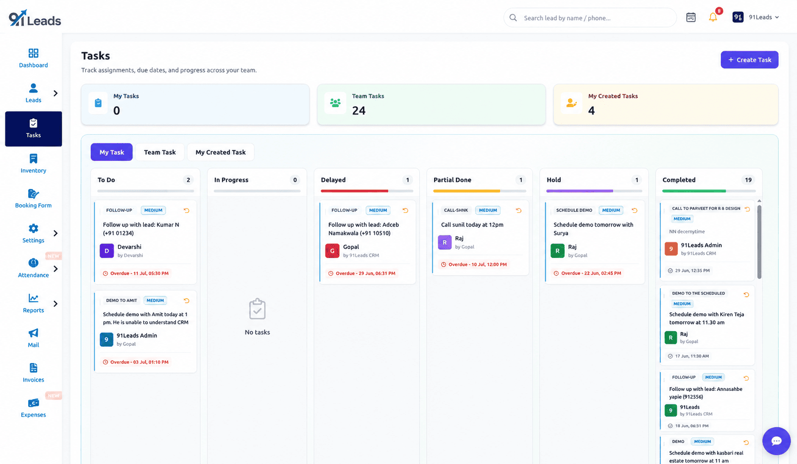 91Leads task management pipeline board with My Tasks, Team Tasks and status columns