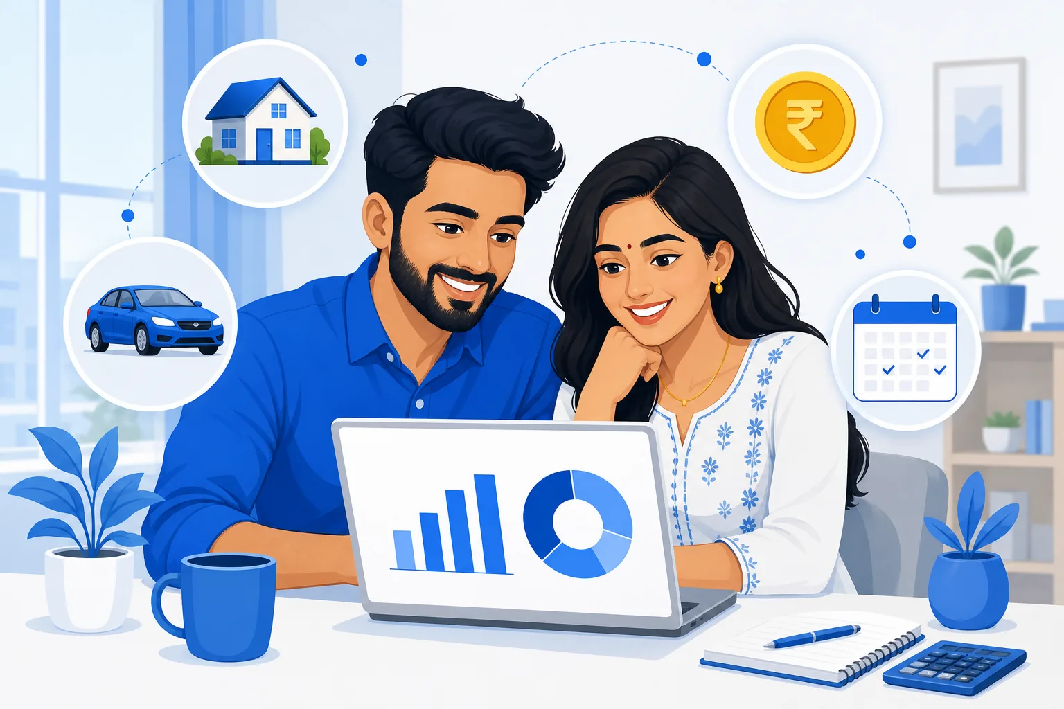 Couple planning their home and car loan EMI on a laptop with charts