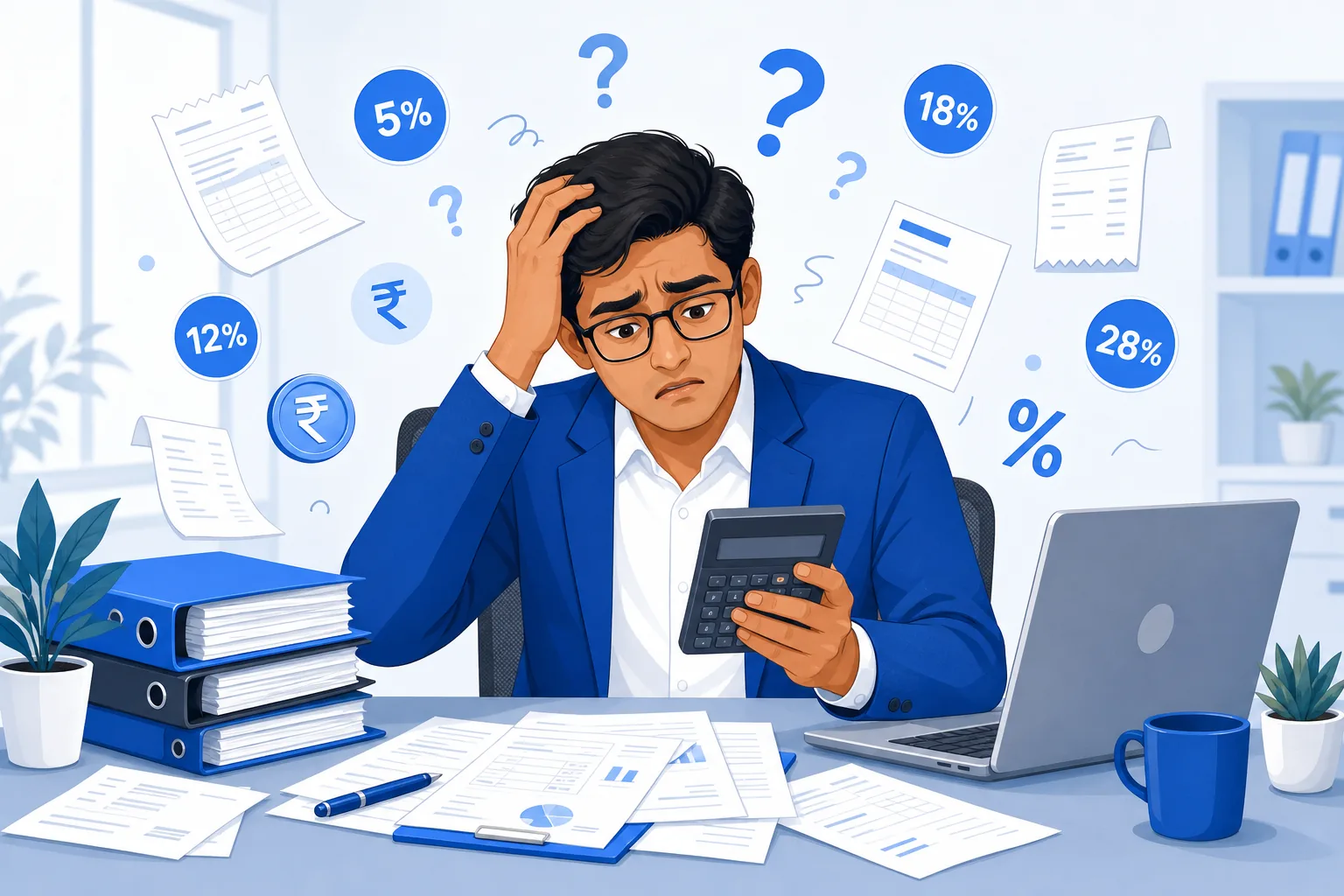 Confused businessman manually calculating GST on a calculator surrounded by invoices and tax percentages
