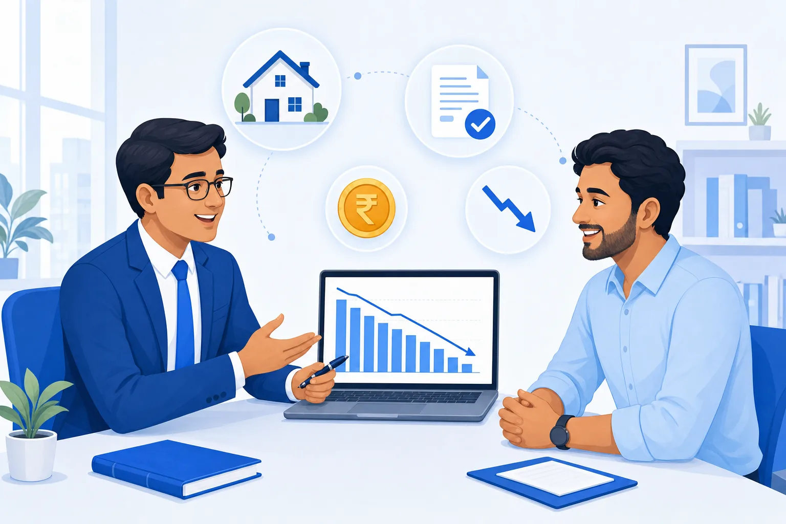 Loan advisor explaining a reducing loan balance repayment plan to a customer