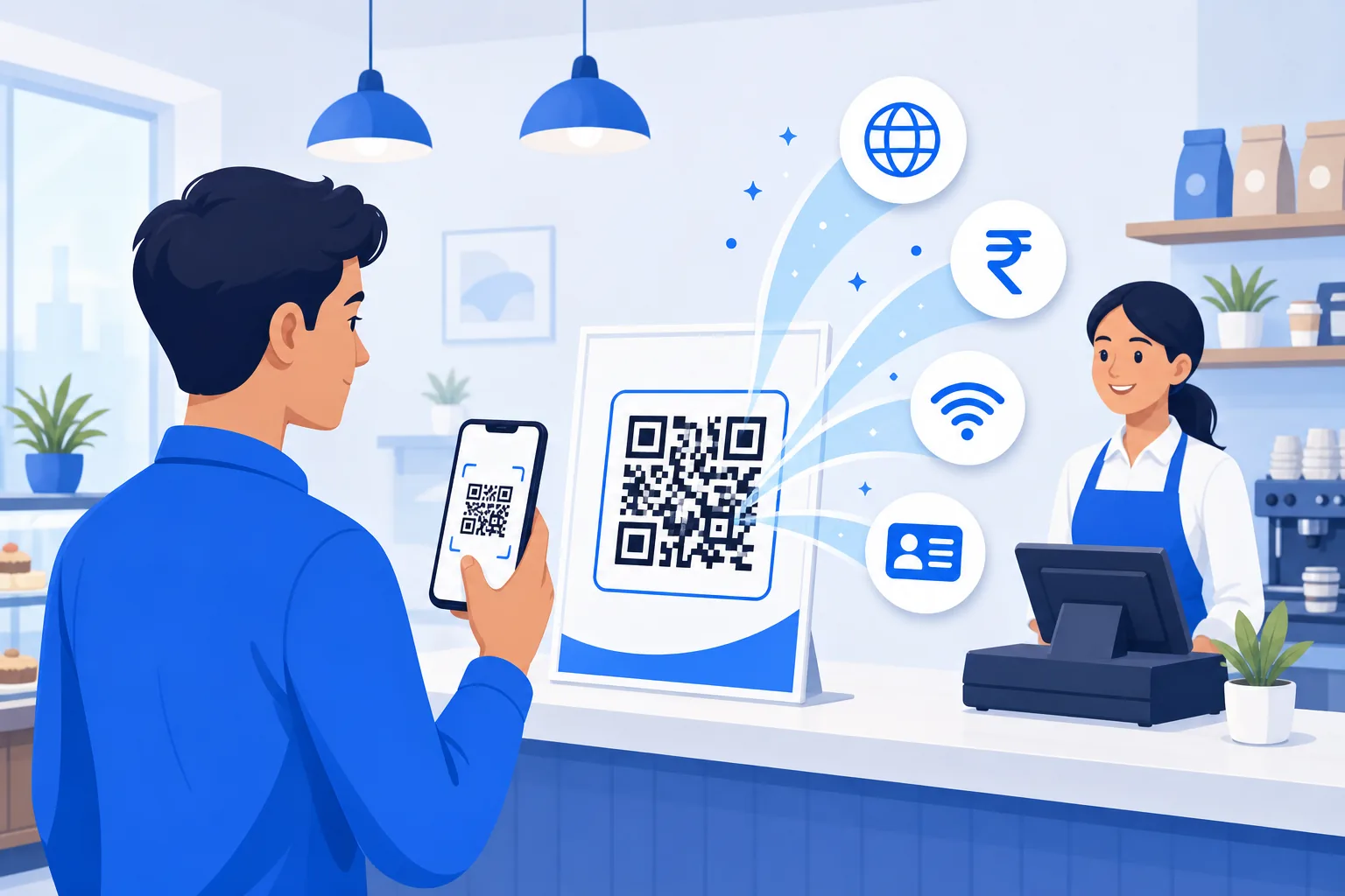Person scanning a QR code that links to a website, UPI payment, WiFi and contact card