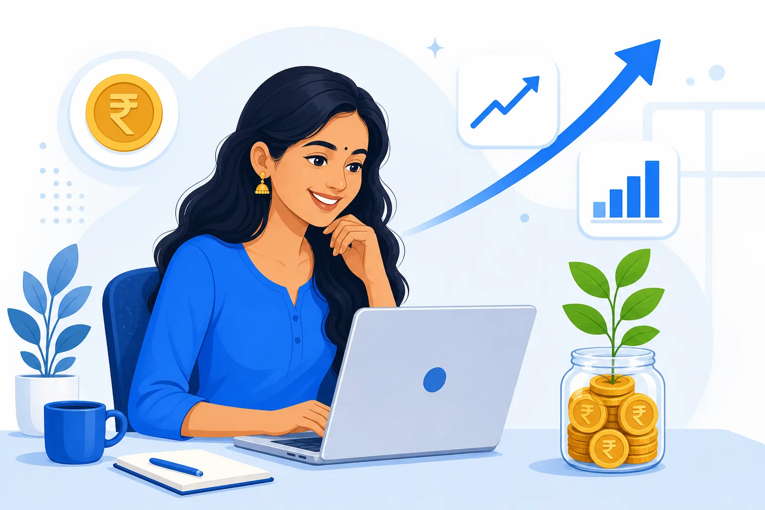 Investor watching her SIP investment grow over time with a rising chart and coins