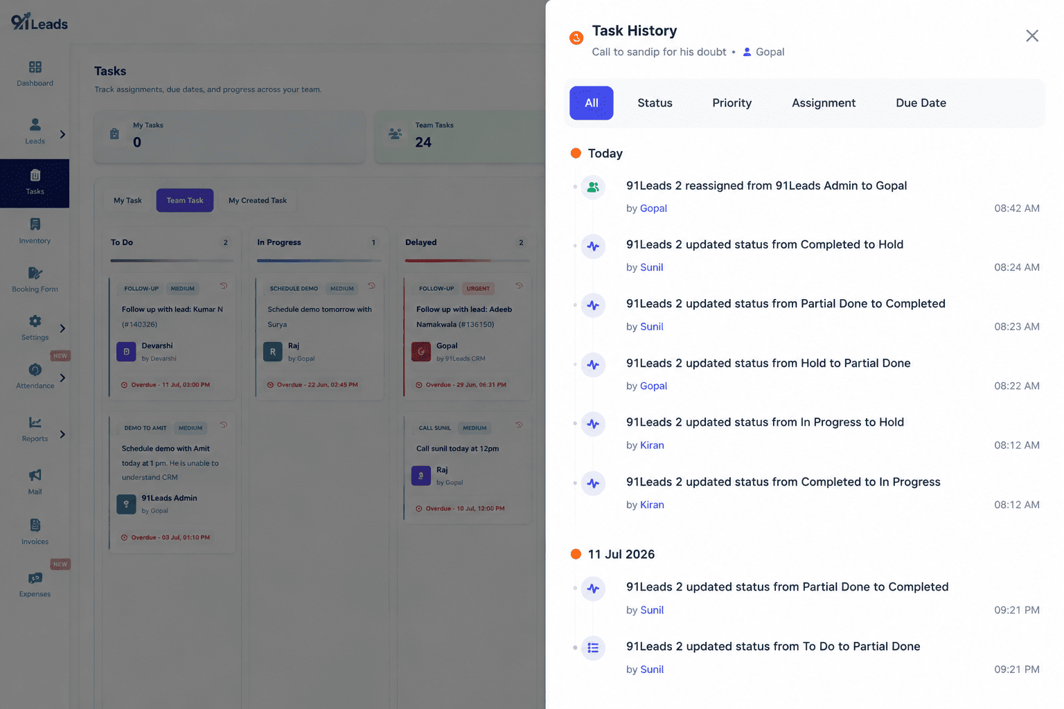 Task History in 91Leads CRM showing status, assignment and due date updates over time
